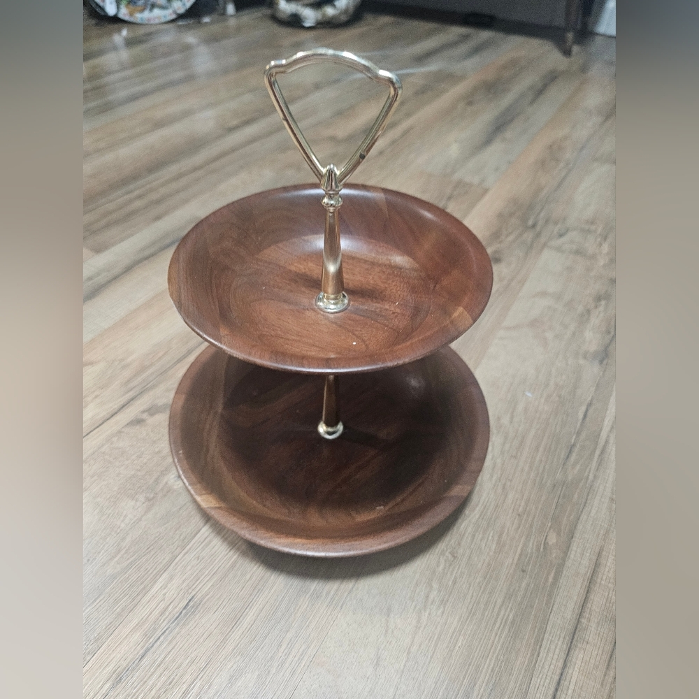 Two-Tier Wooden Serving Tray with Gold Handle
